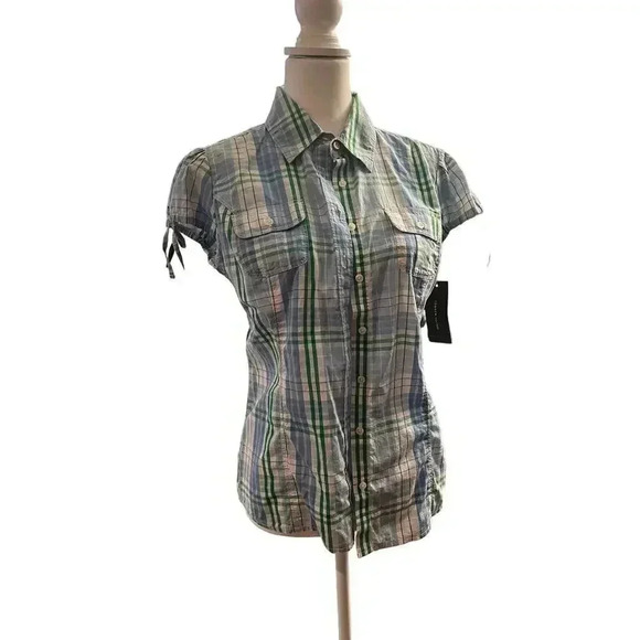TOMMY HILLFIGER NWT plaid button up tied cap sleeve womens size medium - Picture 1 of 8